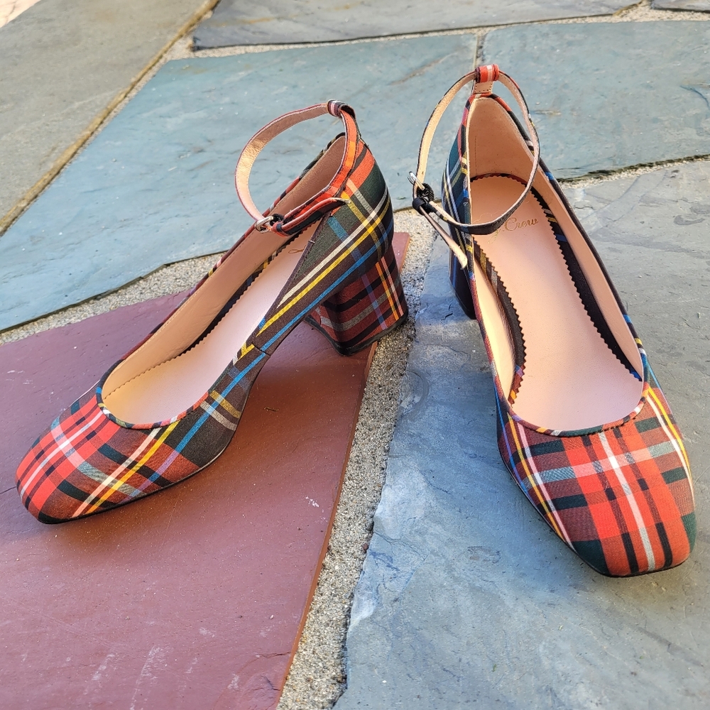 Jcrew Celine Stewart Plaid Block Heel Shoes View 2